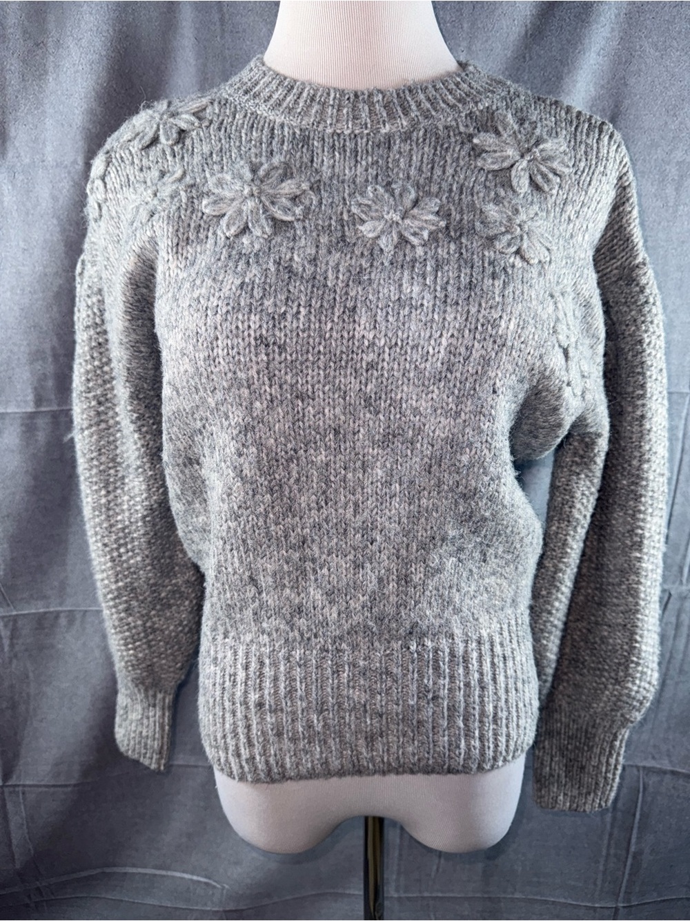3007-Free Assembly Cozy Gray Floral Yoke Crewneck Sweater